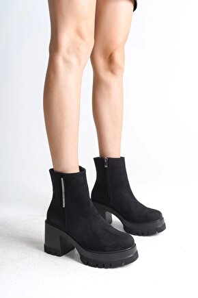 LISSE Fermuarlı Ortopedik Taban Kalın Topuklu Süet Kadın Bot SST - Siyah