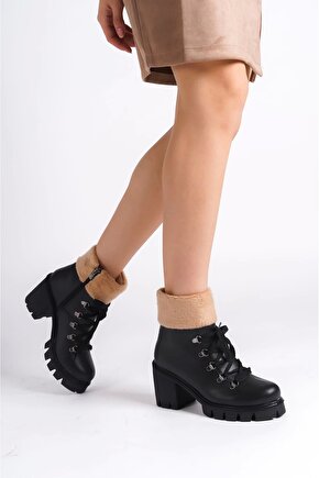 EMMA Bağcıklı Fermuarlı Ortopedik Taban Topuklu Kürk DetaylıKadın Bot CST - Siyah