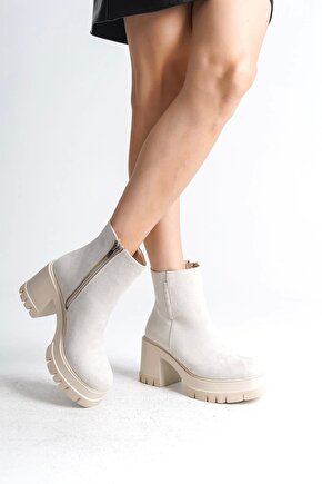 LISSE Fermuarlı Ortopedik Taban Kalın Topuklu Süet Kadın Bot SKT- Krem