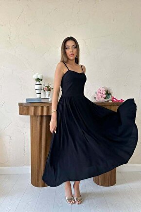 Siyah Göğüs Kuplu Uzun Büzgülü Elbise