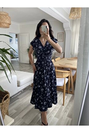 Kadın Kısa Kollu Kruvaze Yakalı Beli Lastikli çiçek Desenli Elbise