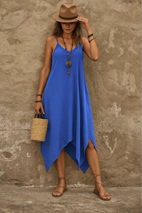 MODAVERA Kadın Askılı V Yakalı Cep Detaylı Asimetrik Kesim Viskon Elbise