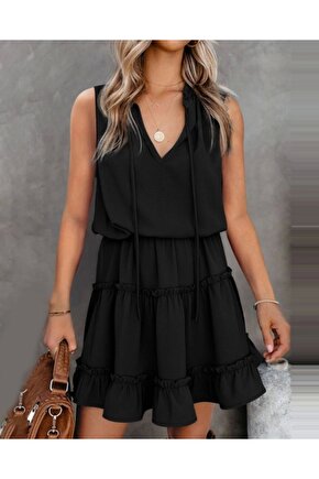 Sıfır Kol V Yaka Ipek Aerobin Elbise