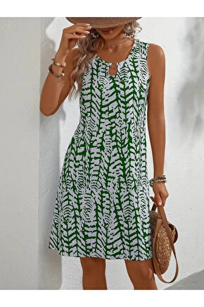 MDB Kadın Sıfır Kol Yakadan Halka Detaylı Desenli Kısa Bürümcük Elbise