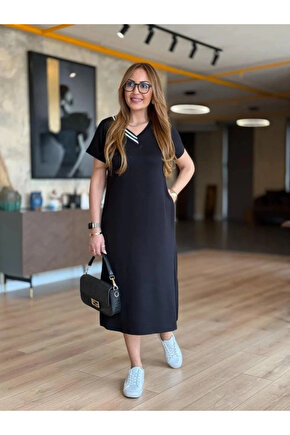 MDB Kadın Kısa Kollu V Ribana Yakalı Yırtmaçlı Midi Viskon Iki Iplik Elbise