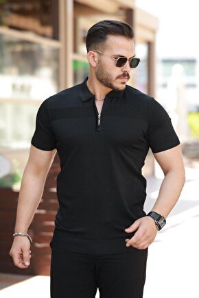 Erkek Göğüs Pirinç Desenli Fermuar Yakalı Kısa Kollu Tişört