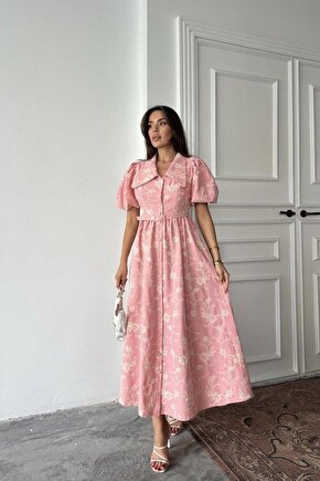 Pembe Bebe Yaka Balon Kollu Elbise