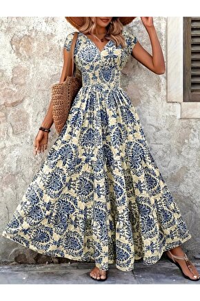 Kadın Kısa Kollu Kruvaze Yaka Beli Lastikli Süprem Maksi Boy Elbise