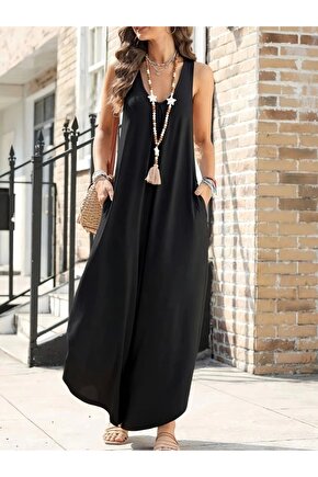 Kadın Askılı Yuvarlak Yaka Cepli Salaş Uzun Viskon Tulum