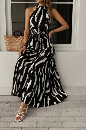 Kadın Halter Yakalı Omuzlardan Açık Kuşaklı Maksi Boy Desenli Süprem Elbise