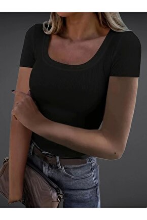 Kadın Kısa Kollu Kare Yaka Basic Kaşkorse Bluz