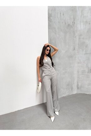 Toskana Çizgili Kruvaze Yaka Tek Düğmeli Yelek Pantolon Takim - M - A.Gri