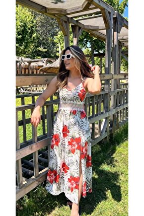 Kadın Ip Askılı V Yakalı Bel Güpür çiçek Desenli Yandan Yırtmaçlı Maksi Süprem Elbise