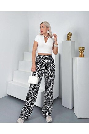 Kadın Desenli Dokuma Viskon Kumaş Cepli Bol Paça Pantolon