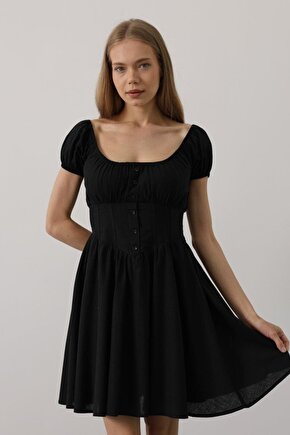 Dua Giyim Beli Korseli Mini Elbise - Siyah