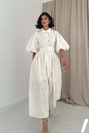 GACHA Ekru Pileli Balkon Elbise