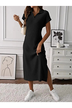 Kadın Kısa Kollu Yakalı Yandan Yırtmaçlı Kalın Fitilli Kaşkorse Elbise