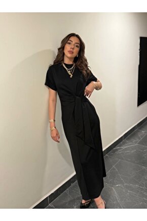 Kadın Kısa Kollu Bisiklet Yaka Yandan Bağlamalı Viskon Iki Iplik Elbise