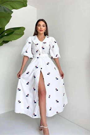 Kırmızı Yakası Çiçek Motifli Kemerli Elbise