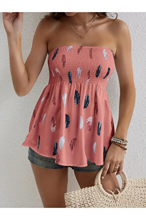 Kadın Yaprak Desenli Göğsü Gipeli Mosskrep Straplez Bluz