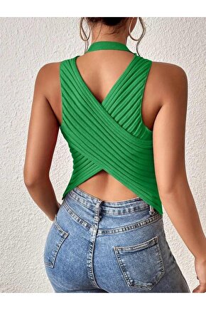 Kadın Sıfır Kol Sırt çapraz Detay Triko Bluz