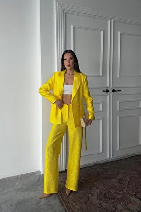 munn collection Neon Beli Kuşaklı Ceket Ve Pantolon Parlak Takım