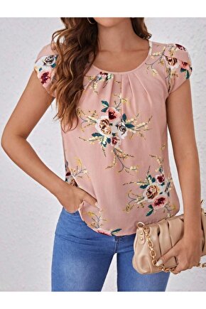 Kadın Kısa Kollu Bisiklet Yaka çiçek Baskılı Süprem Bluz