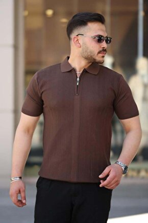 Erkek Yakası Fermuarlı Kısa Kollu T-shirt