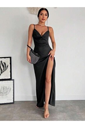 Kadın Askılı Kruvaze Yakalı Yırtmaçlı Krep Elbise