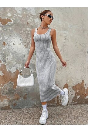 Kadın Kalın Askılı Kare Yaka Fitilli Kaşkorse Midi Boy Elbise