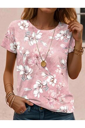 Kadın Kısa Kollu Bisiklet Yaka çiçek Desenli Viskon Bluz