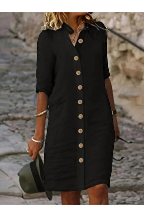 Kadın Kısa Kollu Hakim Yaka önden Düğmeli Kısa Müslim Elbise