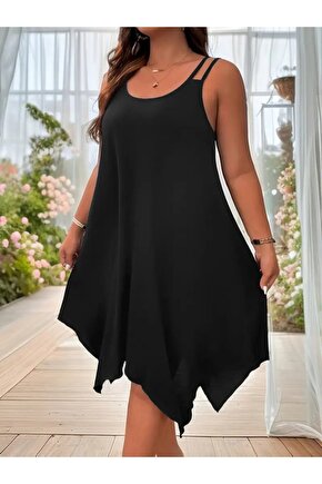 Kadın Askılı Yuvarlak Asimetrik Kesim Detaylı Viskon Elbise