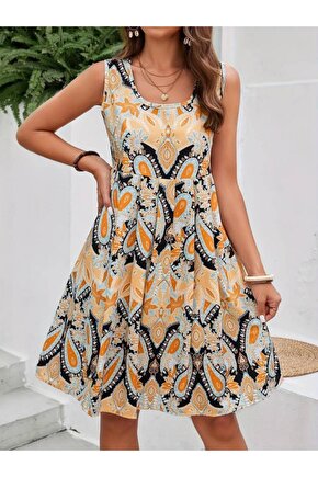 Kadın Sıfır Kol Yuvarlak Yaka çiçek Desenli Süprem Elbise