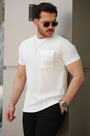 Erkek Cepli Kolyeli Kısa Kollu örme Kumaş T-shirt