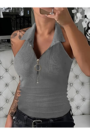 munn collection Kadın Kolsuz Polo Yaka önü Fermuarlı Kaşkorse Bluz