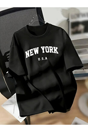 New York Baskılı Oversize Bisiklet Yaka T-shirt - Siyah