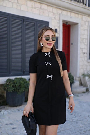 MDB Kadın Kısa Kollu Bisiklet Yaka önden Fiyonk Detaylı Ithal Krep Elbise