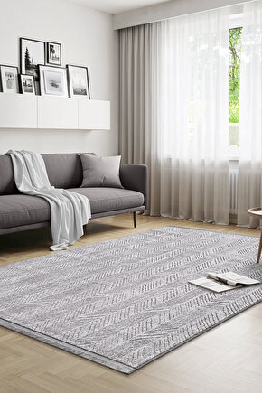 Yalın Modern Dokuma Halı Kaymaz Tabanlı Yıkanabilir Salon ve Oturma Odası Halısı 5577 Gri