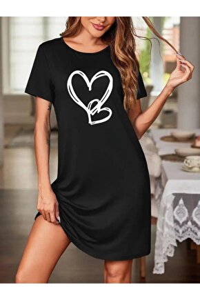 Kadın Kısa Kollu Bisiklet Yaka Kalp Desenli Viskon Elbise