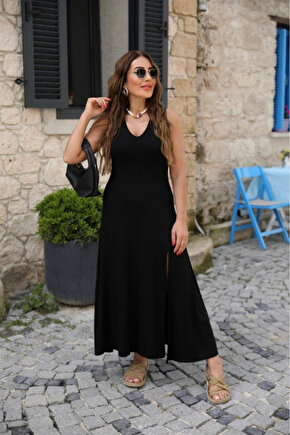 MDB Kadın Askılı V Yakalı Yırtmaçlı Viskon Elbise