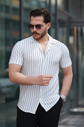 Edolika Erkek Kısa Kollu Gri çizgi Desenli örme Kumaş Pamuklu Gömlek