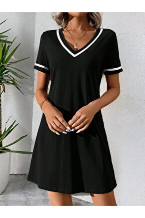 Kadın Kısa Kollu V çizgili Yakalı Kısa Viskon Elbise