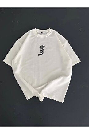 Baskılı Oversize Bisiklet Yaka T-shirt - Beyaz