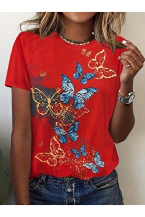 Kadın Kısa Kollu Mavi Sarı Kelebek Baskı Süprem Bluz