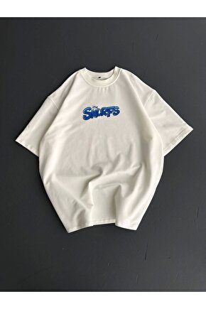 Ön ve Arka Baskılı Oversize Bisiklet Yaka T-shirt- Beyaz