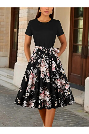 MDB Kadın Kısa Kollu Bisiklet Yaka çiçek Desenli üst Viskon Alt Süprem Kısa Elbise