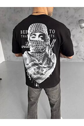 Unisex Baskılı Oversize T-Shirt - Siyah