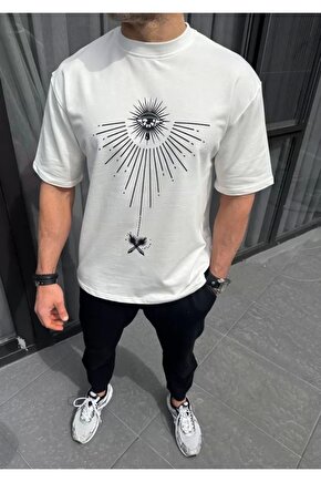 Unisex Bisiklet Yaka Baskılı Oversize T-Shirt - Beyaz