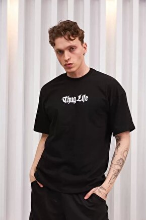 Unisex Bisiklet Yaka Baskılı Oversize T-Shirt - Siyah